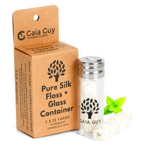 Gaia Guy Natural Silk Dental Floss with Refillable Glass Container | Free Refill | Natural Candelilla Wax | 33yds x 2 | Peppermint | Eco-Friendly Zero Waste Oral Care (Peppermint)