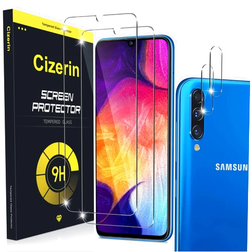 Cizerin [2+2 Pack] Tempered Glass Screen Protector for Samsung Galaxy A50 - and Camera Lens Protector - Anti-fingerprint - Shatter Proof - HD Clarity - Case Friendly - Gorilla Glass