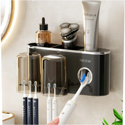 VNYIFAN Toothbrush Holders Bathroom Decor with Toothpaste Dispenser, 2 Cups Toothbrush Holder Wall Mounted Bathroom Accessories Set with 6 Toothbrush Slots(Black)