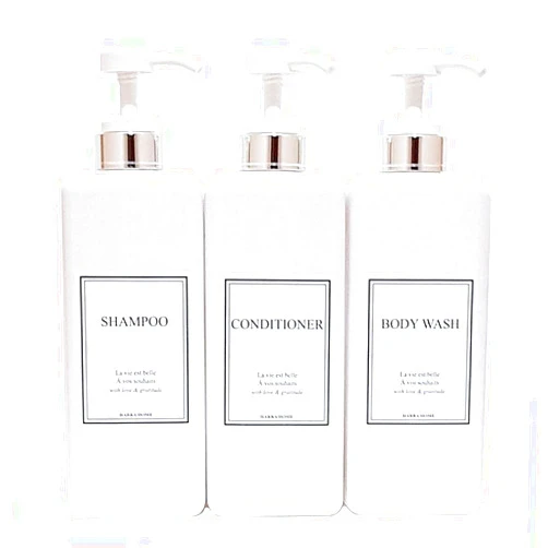 HARRA HOME Modern Gold Design Pump Bottle Set 27 oz Refillable Shampoo and Conditioner Dispenser Empty Shower Plastic Bottles with Pump for Bathroom Lotion Body wash, Pack of 3 (White & Silver)