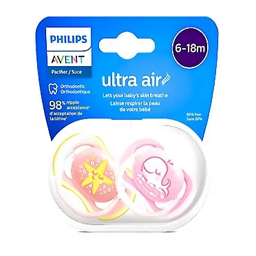 Philips AVENT Ultra Air Pacifier, 6-18 Months, Whale/Starfish, 2 Pack, SCF085/10