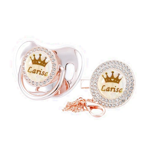 MIYOCAR Personalized Any Name Bling Gold Silver Pacifier and Clip Set 18 Colors BPA Free Safe Unique Design Luxurious Dummy Ideal Gift for Baby Show New Born