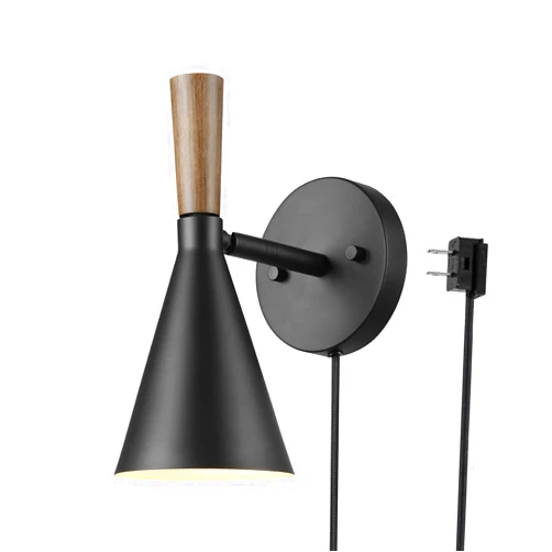 Globe Electric 65000101 1-Light Plug-in or Hardwire Wall Sconce, Matte Black, Wood-Toned Stepless Rotary Dimmer Switch on Pivoting Shade, 6ft Black Braided Fabric Cord, Wall Lights for Living Room