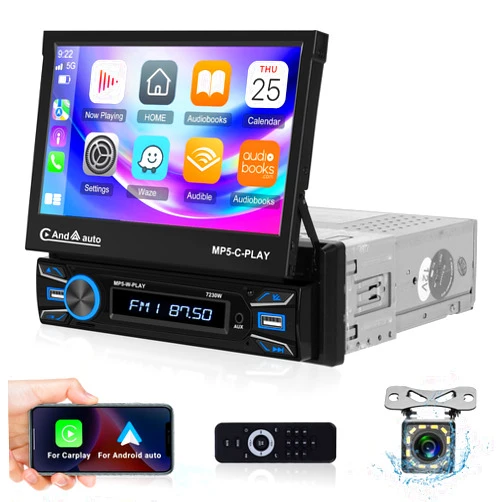NHOPEEW Single Din Touchscreen Car Stereo with Wirelesss Apple Carplay and Android Auto - 7 Inch 1 Din Flip Out Car Radio with Bluetooth - Mirror Link/FM/EQ/USB/AUX/SWC + 12 LED Backup Camera + Mic