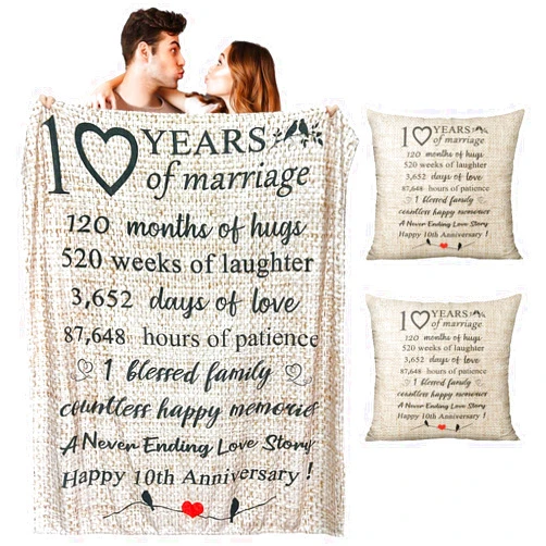 PERRIFIC 10th Wedding Anniversary Blanket Gift for Couple Wife Husband Her Him 10 Year Marriage,Valentines Day Gifts for Wife Romantic Throw Blankets with 2 Pillow Covers
