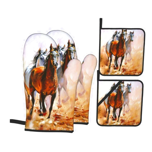 Opumxzb Horse Oven Mitts and Pot Holders Sets 4 Pcs Set, Heat Resistant Farm Life Black Horses Oven Gloves Hot Pad for Kitchen Cooking Baking BBQ Gift for Horse Lovers