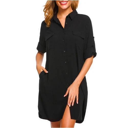 LUSMAY Women's Long Sleeve V Neck Button Down Shirt Dresses Casual Summer Dress with Pocket