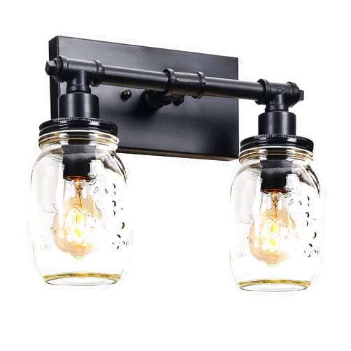 UShe DHome Bathroom Black Vanity Light Fixtures, 2 Light Mason Jar Vanity Light Farmhouse Industrial Vintage Wall Sconce Light Kitchen Pipe Wall Mount Lamp Bathroom Light Fixtures