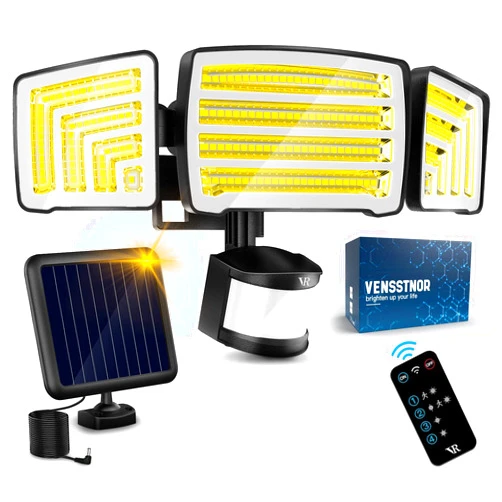 VENSSTNOR Solar Motion Sensor Flood Lights Outdoor - 4000LM 4 Lighting Modes, 72FT Sensing Distance, Split 3000mAh Solar Panel, IP65 Waterproof Security Lights with Remote for Porch Yard Patio Garage