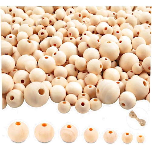 Pojah 950pcs Wooden Beads for Crafts 7 Sizes Unfinished Natural Wood Beads Wooden Beads Bulk 6mm, 8mm, 10mm, 12mm, 14mm, 16mm, 20mm Beads for Garland Macrame Jewelry Making DIY Farmhouse Decor
