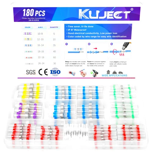 Kuject Heat Shrink Self Solder Wire Connectors Kit 180PCS, Crimpless & Solderless Waterproof Electrical Butt Terminals, Insulated Wiring Splice Solder Seal Connectors for Marine Automotive Boat Truck