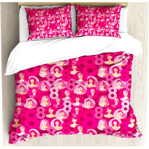 Ambesonne Women's Day Duvet Cover Set, Pattern of Circular Lady Portraits Symbolic 8 of March Design, Decorative 3 Piece Bedding Set with 2 Pillow Shams, Queen Size, Magenta Pale Pink Peach