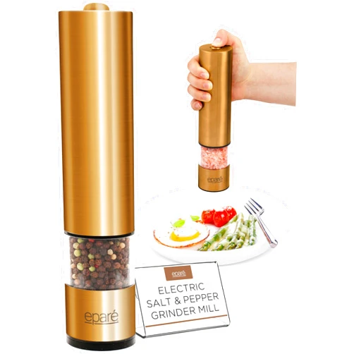 Eparé Brass Salt and Pepper Mill - Battery Operated Gold Pepper Grinder with Ceramic Burr - Automatic Steel Peppermills With LED Light - Gold or Brass Color