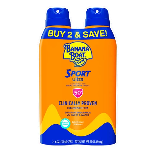 Banana Boat Sport Ultra SPF 50 Sunscreen Spray Twin Pack | Banana Boat Sunscreen Spray SPF 50, Spray On Sunscreen, Water Resistant Sunscreen, Oxybenzone Free Sunscreen Pack, 6oz each