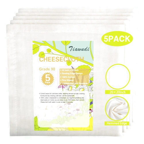 Tiawudi 5 Pack Cheesecloth, 20x20 Inch, Grade 90, 100% Unbleached Pure Cotton Cheesecloth for Straining, Ultra Fine Reusable Hemmed Edge Stainer, Double Layer Filtration, Nut Milk Strainer