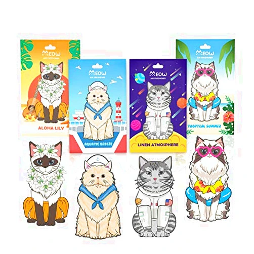 Woofy Meow Hanging Car Air Freshener - Adorable Kitty Design - [ Pack of 4: Aloha Lily, Aquatic Breeze, Linen Atmosphere, and Tropical Summer ] - Long Lasting Scent - (Assorted Kitty)