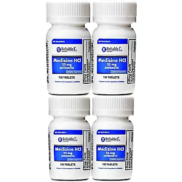 Reliable-1 Laboratories RELIABLE 1 LABORATORIES Meclizine 25 mg Generic Bonine Motion Sickness (100 Chewable Tablets, 4 Bottles) - Prevent nausea, vomiting, and dizziness caused by motion sickness 100 Count (Pack of 4)