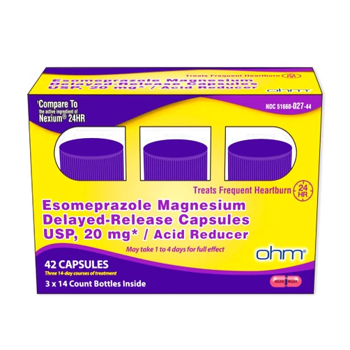 OHM Esomeprazole Magnesium USP 20mg, Delayed Release Capsules, Treats Frequent Heartburn, 42 Capsules