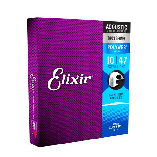 Elixir Strings, Acoustic Guitar Strings, 80/20 Bronze with POLYWEB Coating, Longest-Lasting Warm Tone with Comfortable Feel, 6 String Set, Extra Light 10-47