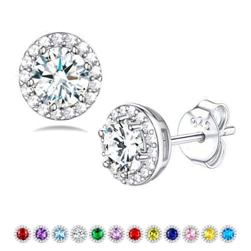 Bestyle Sparkling 925 Sterling Silver Birthstone Stud Earrings for Women, Heart/Round/Teardrop/Square Crystal Solitaire Diamond Studs Halo Earrings, Great Birthday/Christmas Gifts