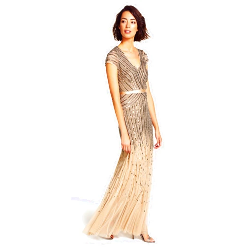 Adrianna Papell Women's Long Beaded V-Neck Dress with Cap Sleeves and Waistband