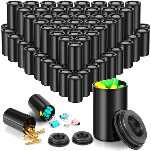 JOVITEC 100 Pieces Plastic Film Canister Holder 35 mm Empty Camera Reel Containers Storage Containers Case with Lids for Small Accessories Fish Hook Film Beads (Black)