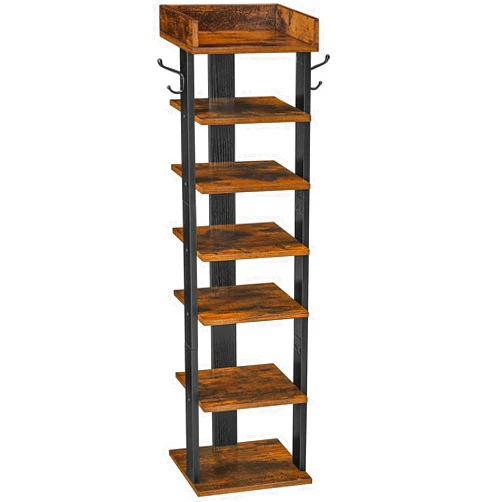 HOOBRO Vertical Shoe Rack for Front Door Entryway, 7 Tier Wooden Shoe Storage Organizer with Hooks, Narrow Shoe Tower for 7 Pairs, Space Saving, for Corner, Closet, Bedroom, Rustic Brown BF61XJ01