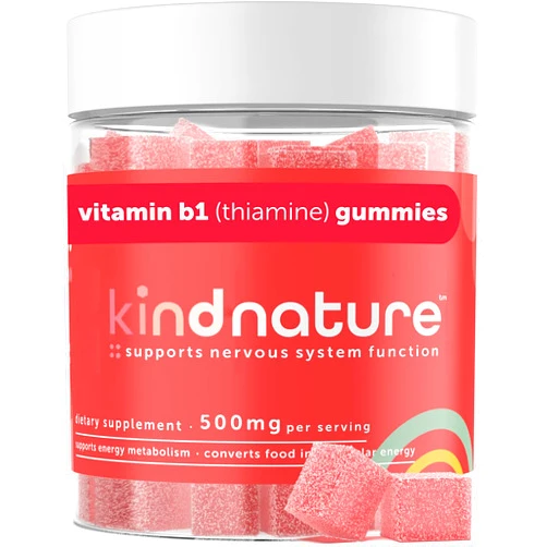 Kindnature Kind Nature Vitamin B1 Gummies - Chewable Thiamine 500mg per Serving - Non GMO, Vegan, Natural Strawberry Flavor Thiamine B1 Supplement for Adults & Kids