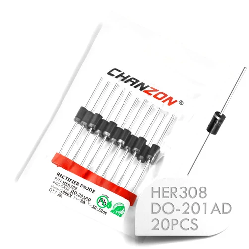 CHANZON (Pack of 20 Pieces) Chanzon HER308 High Efficiency Rectifier Diode 3A 1000V 50-70ns DO-201AD (DO-27) Axial 3 Amp 1000 Volt Electronic Diodes