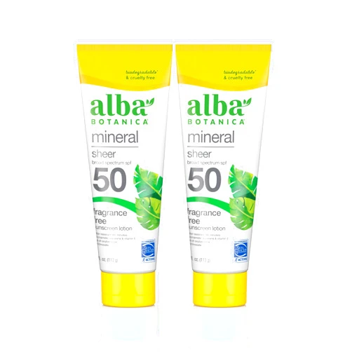 Alba Botanica Mineral Sunscreen Lotion, Broad Spectrum SPF 50 Sunscreen, Water Resistant and Biodegradable, 4 fl. oz. (Pack of 2)