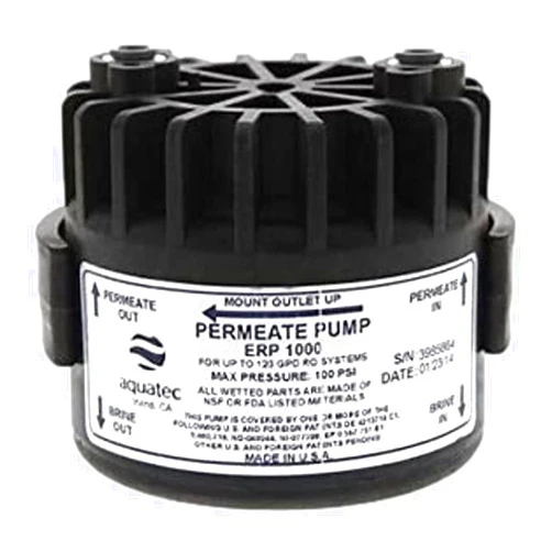 Generic Aquatec ERP1000 Permeate Pump with 1/4 OD John Guest Tubing Connectors, Mounting Clip, and Screws Black