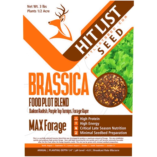 HIT LIST SEED® Brassica Food Plot Seeds for Deer [Annual Mix] - Food Plot Seed Brassica - Deer Plot Seed Mix - Daikon Radish, Purple Top Turnips, Forage Brassica - Fall Planting - 3 lbs (1/2 Acre)