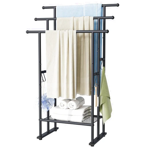 ELYKEN 3 Tier Standing Towel Rack, 40'' Tall Towel Drying Rack Outdoor, Freestanding Floor Towel Rack with Shelf, Pool Towel Blanket Stand, Metal Towel Racks for Bathroom freestanding, Matte Black