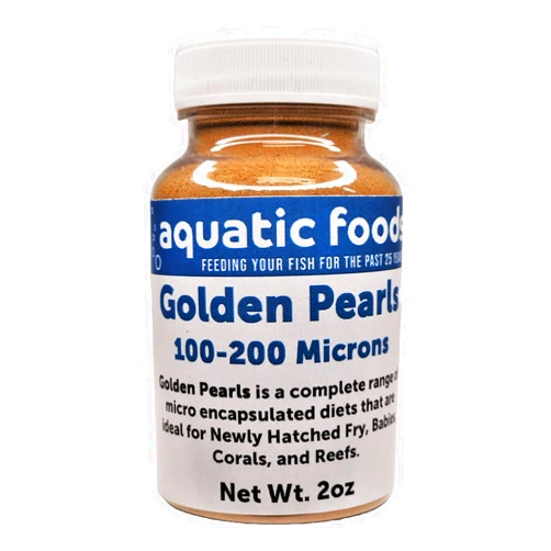 Aquatic Foods Inc. Golden Pearls 100-200 Micron Powder for Fry, Babies of Shrimp, Axolotls, Discus, Cichlids, Catfish, Tetras, Angel Fish, Guppies, Bettas, Goldfish, Corals, Reefs…2oz Bottle