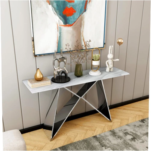 Anewsun Silver Console Table, Modern Sofa Table with 55'' White Tempered Glass Top, Mirrored Silver M-Shaped Base Console Table for Entryway, Hallway, Living Room