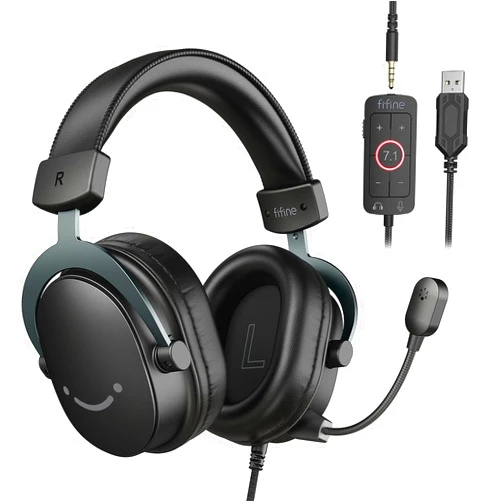 FIFINE PC Gaming Headset, USB Headset with 7.1 Surround Sound, Detachable Microphone, Control Box, 3.5mm Headphones Jack, Over-Ear Wired Headphones for PS5/Xbox/Switch, Black-AmpliGame H9