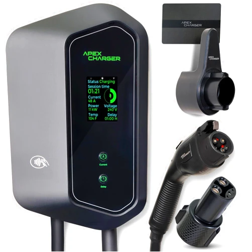 ApexCharger MACH I: Fast 48 Amp Level 2 EV Charger, Wall-Mount Electric Vehicle Charging Station, 200-240V Hardwire or NEMA 14-50. J1772 car Connector & Tesla NACS, Indoor/Outdoor, 30ft Cable evse Adapter