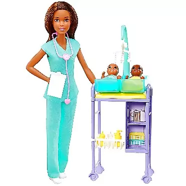 Barbie Baby Doctor Playset with Brunette Doll, 2 Infant Dolls, Exam Table and Accessories, Stethoscope, Chart and Mobile for Ages 3 and Up