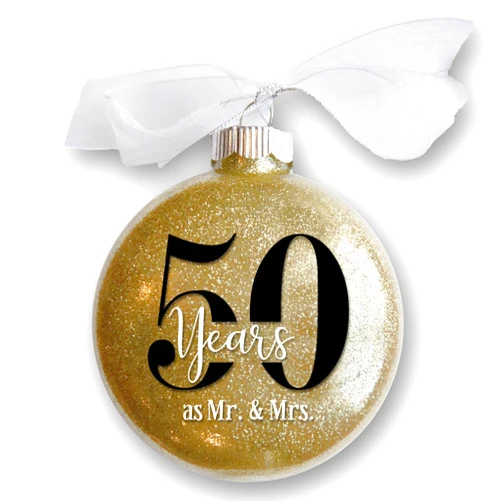FIREFLY WISHES 50th Wedding Anniversary Christmas Ornament, Fifty Years as Mr & Mrs, Gift for Married Couple, Golden Anniversary Keepsake, Traditional Glitter Bauble with White Organza Ribbon Bow (50th Anniversary)