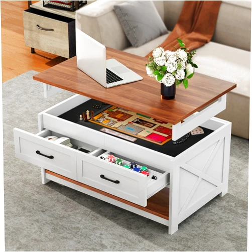 DWVO Farmhouse Coffee Table: 3-in-1 Board Game Center with Removable Top, 4-Drawer Puzzle Station & Built-in Power Outlet, Living Room Furniture with Play Mat (Walnut)