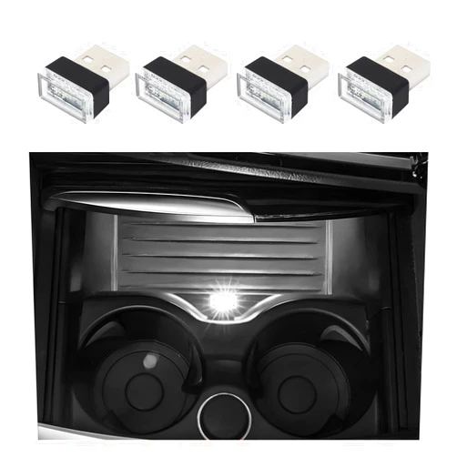 Dickno 4 PCS USB LED Car Interior Atmosphere Lamp, Plug-in USB Interface Trunk Ambient Lighting Kit, Portable Mini LED Night Atmosphere Light, Universal Vehicle Interior Led Light (White)