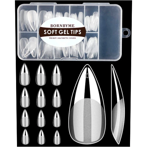 BORNBYME Soft Gel Nail Tips Medium Stiletto, 120PCS Pre Buff Full Cover Shaped Nail Extenison Tips Half Matte Gel X Nail Tips BORNBYME