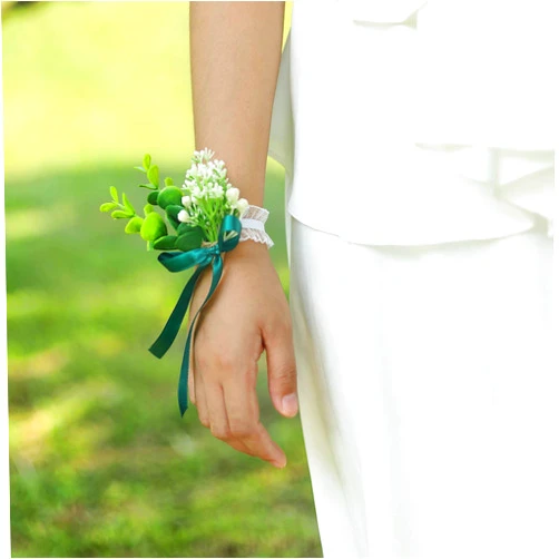 YSUCAU Wrist Corsage Bracelets with Ribbon Wristband Green Bridal Bridesmaid Wrist Corsage Hand Flower for Wedding Porm Party Decor Set of 2