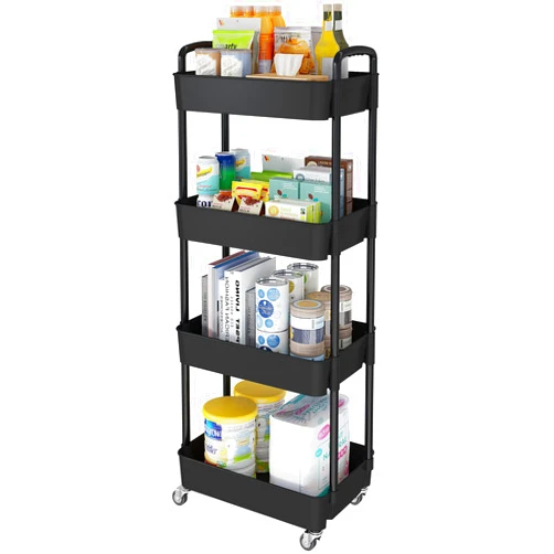 Laiensia 4-Tier Storage Cart,Multifunction Utility Rolling Cart Kitchen Storage Organizer,Mobile Shelving Unit Cart with Lockable Wheels for Bathroom,Laundry,Living Room,With Classified Stickers,Black