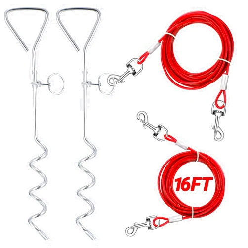 Amylove 2 Pcs Dog Tie Out Cable and Stake, 16 ft Outside Dog Leash Cable Chain for Medium to Large Dogs up to 125 Lbs,18'' Heavy Duty Reflective Spiral Stake for Yard Camping Running Play (Red)