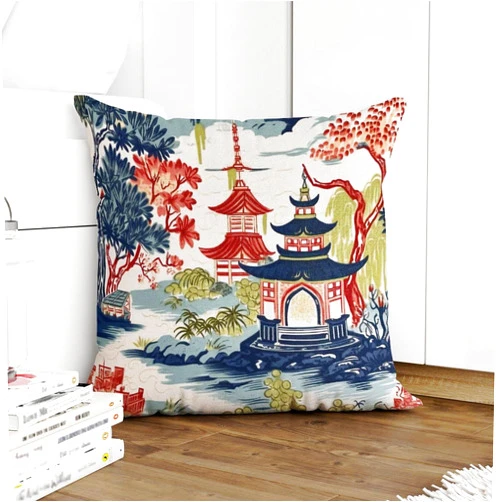 COVOME Chinoiserie Pagoda White Coral Blue Asian Throw Pillow Covers Chinoiserie Chic Asian Cushion Cover Throw Pillow Case Modern Modern Decorative Pillow Covers for Sofa Decor 18x18 in