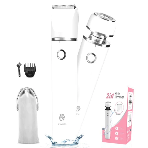 Cayzor Bikini Trimmer and Shaver Kit for Women - 2-in-1 Wet/Dry Electric Body Hair Trimmer Facial Hair Removal Cordless Waterproof Bikini Shaver Razor for Face Lip Chin Pubic Underarm Legs (White)