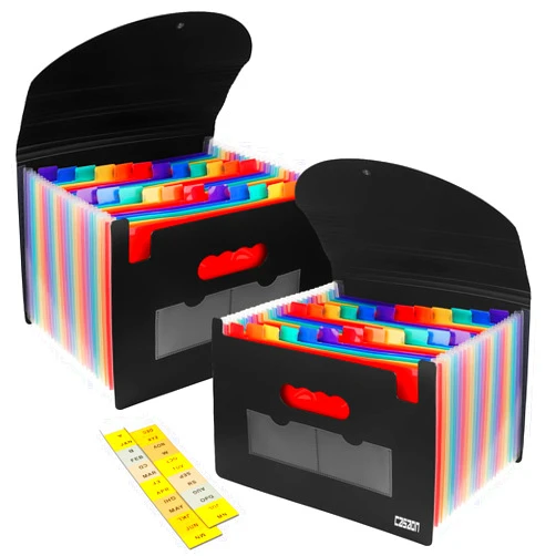 CASAON 2 Pack Accordian File Organizer, Expanding File Folder 24 Pockets with Expandable Cover A4 Letter Size File Box, Portable Document Organizer - Black