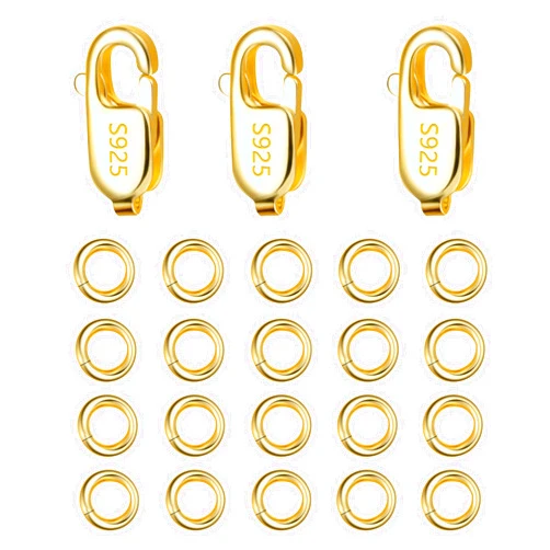 COZLANE Gold Jewelry Making Lobster Claw 10mm, 23PCS Italian Rectangle Trigger Clasps with Open Jump Rings Set, Small Necklaces Bracelet Connector Gold Clasp Supplies 925 Sterling Silver Jewelry Finding Set