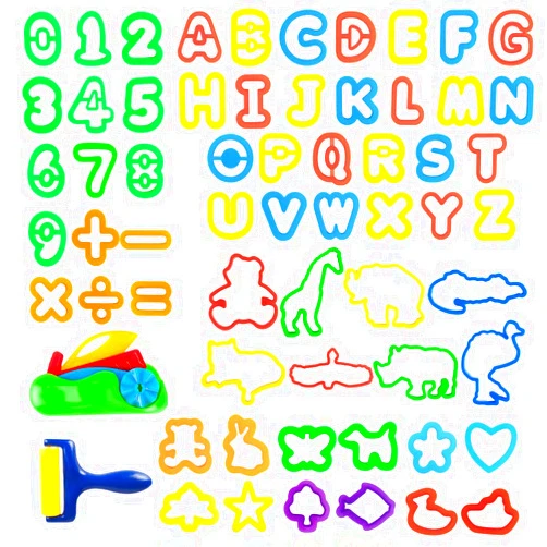 Pecopcock Play Dough Tools Set for Kids Letter Molds，Numeral Molds Various Plastic Animal Molds for Creative Dough Cutting (63 Pieces)